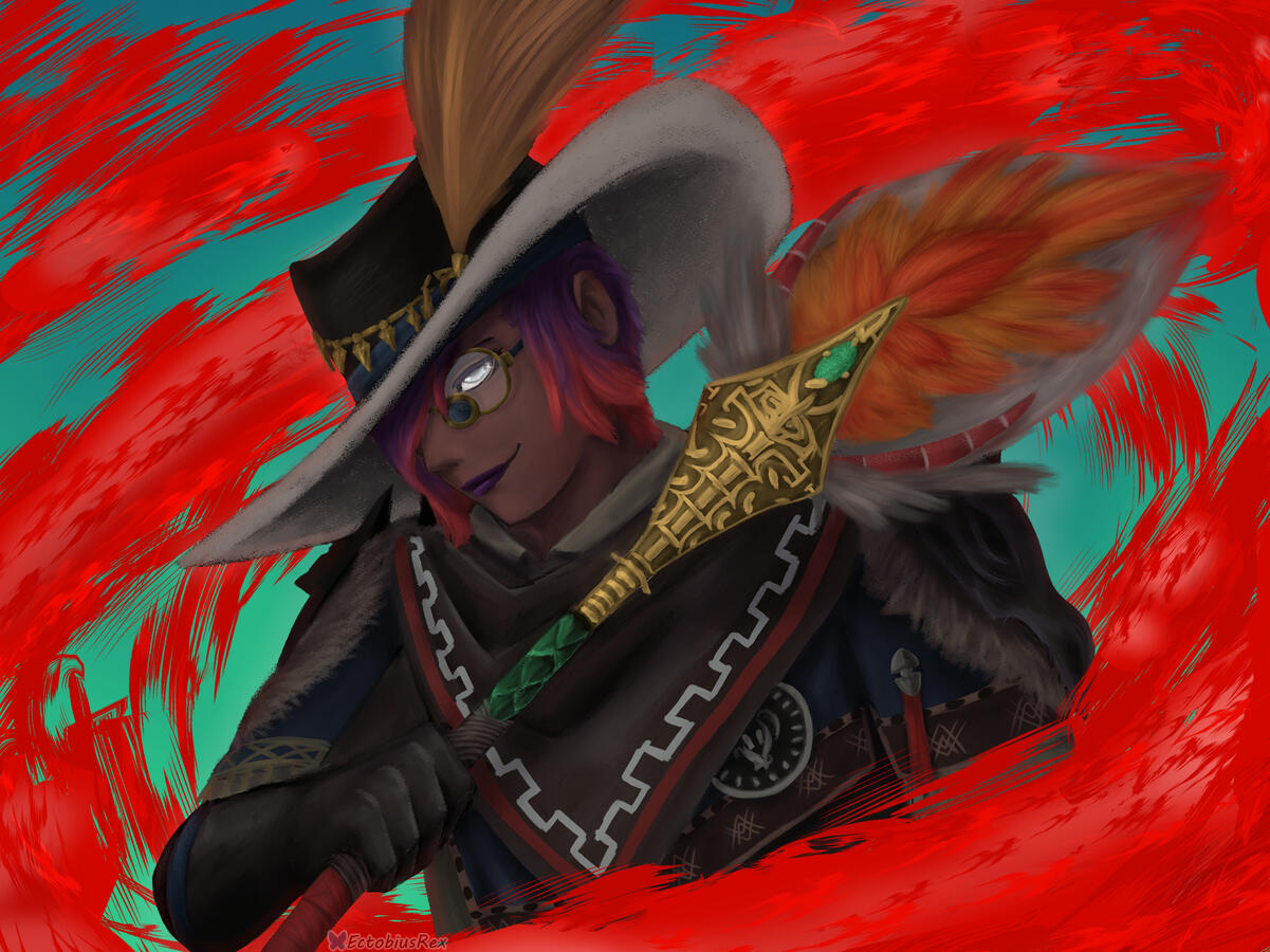 Bust of a Roegadyn holding a pictomancer as red paint swirls her.