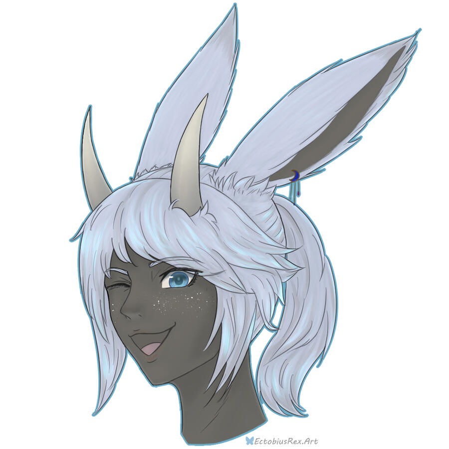Headshot of a grey-skinned Viera + Au Ra mixed race WoL winking at the viewer.