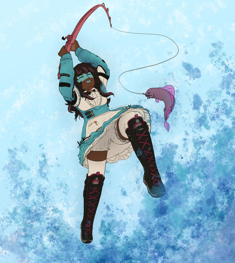 Female Roegadyn in a maid outfit fishing up a purple-toned fish with watercolor effects surrounding them.