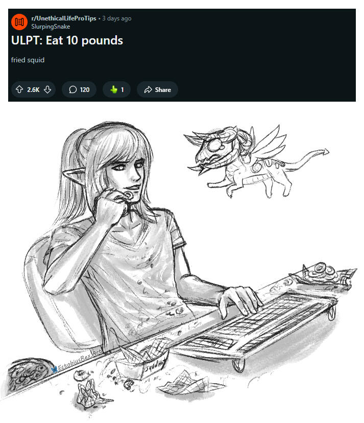 Modern-style Estinien in a t-shirt covered in crumbs from 10 pounds of fried squid. Nidhogg regrets his life choices from being tied to this man.