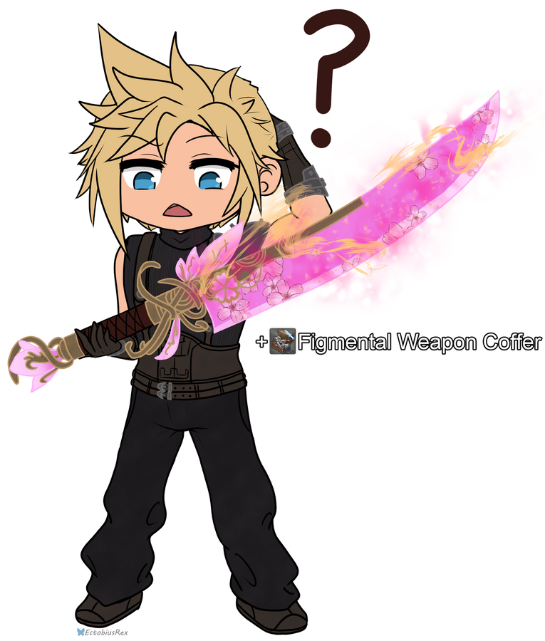 Cloud Strife holding the Dark Knight sword from the "Figmental Weapon Coffer" while appearing befuddled.