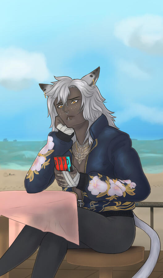 Miqo'te/Au Ra WoL sitting at a table by the beach while scrolling on their tomestone.