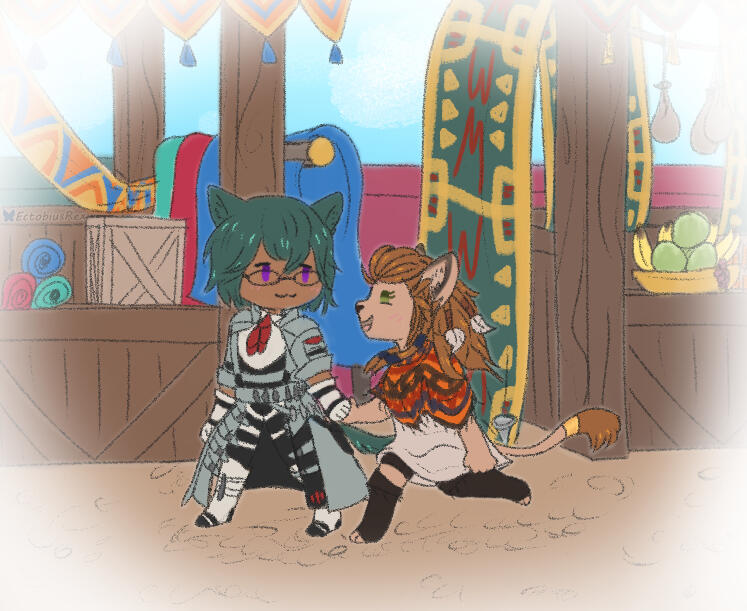 A very young Wuk Lamat holding a younger Koana's hand while running through a market.