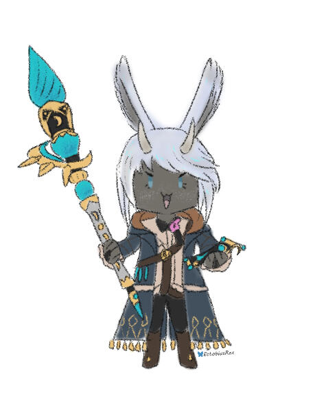 A grey-skinned Viera Au Ra mixed race WoL doing a devilish smile at the camera while holding a pictomancer weapon.