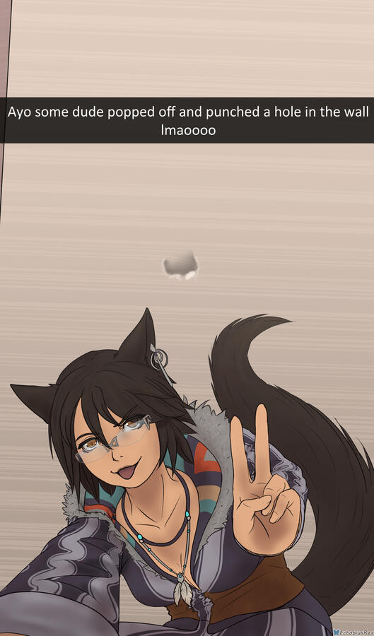 Seeker of the Sun posing and taking a selfie in front of a wall. The wall has a hole in it from someone punching it.