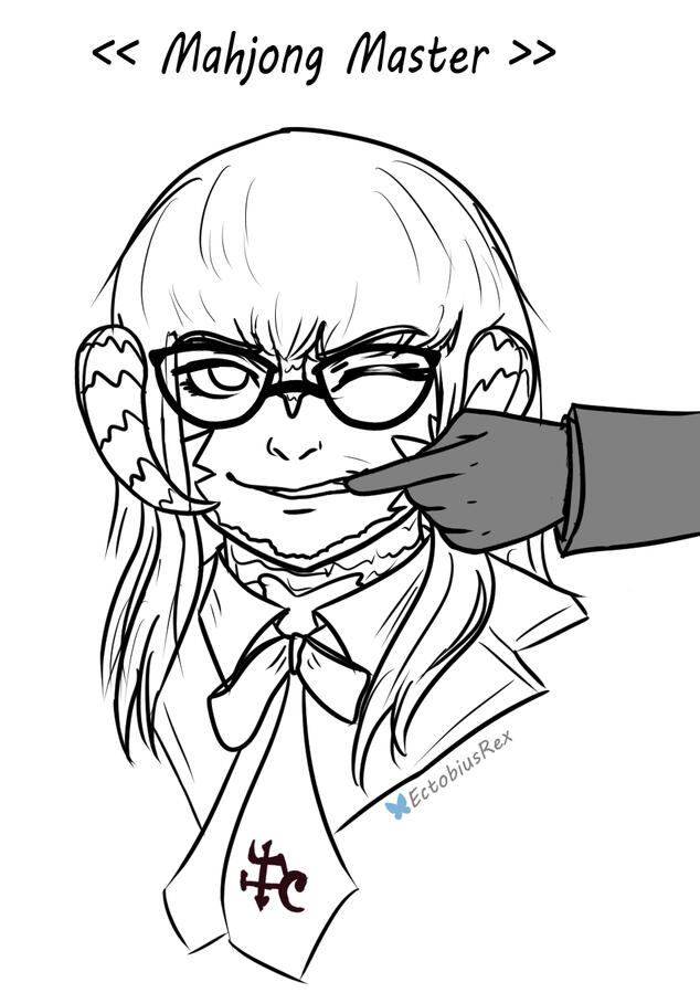 Sketchy-style headshot of an Au Ra getting pulled by the cheek away for more Mahjong.