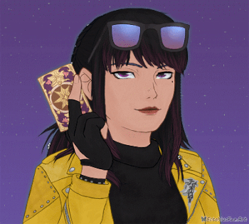 Animated gif of a female Highlander smirking at the viewer while moving an Astrologian card to and from her face.