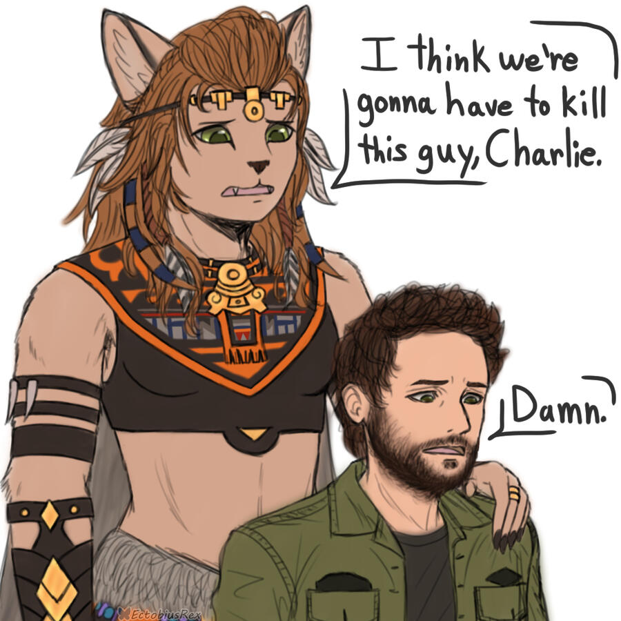 Wuk Lamat putting her hand on Charlie Kelly's shoulder. Wuk Lamat says "I think we're gonna have to kill this guy, Charlie." Charlie says "Damn."