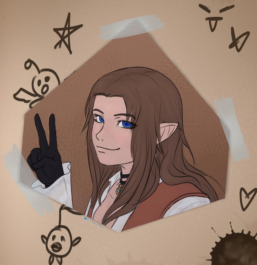 "Photo" of an elezen that has been cut and taped into a Wondrous Tales Journal.