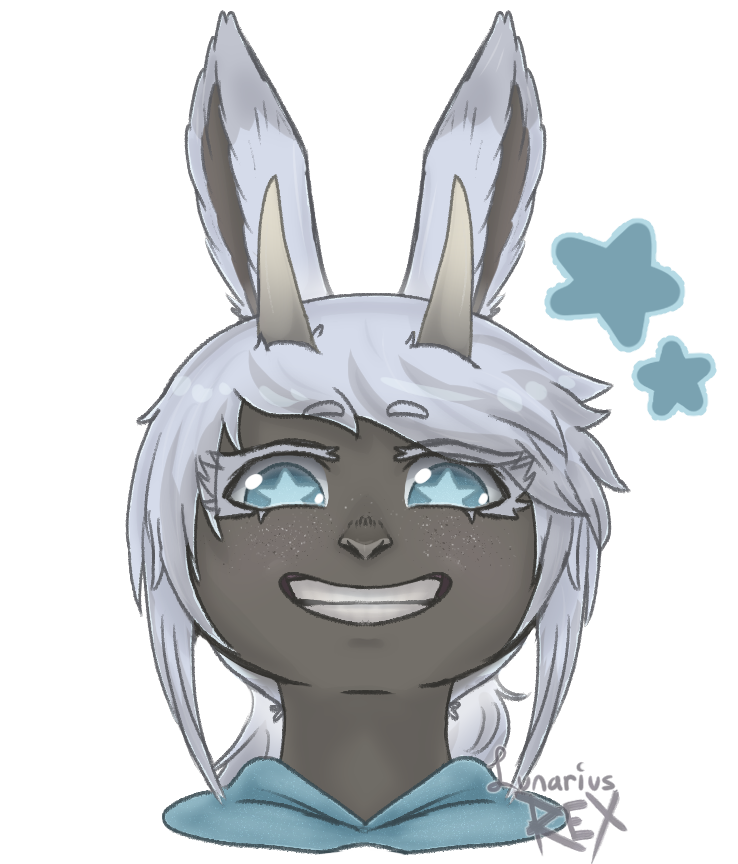 Chibi-esque headshot of a grey-skinned Viera + Au Ra mixed race WoL grinning at the viewer.
